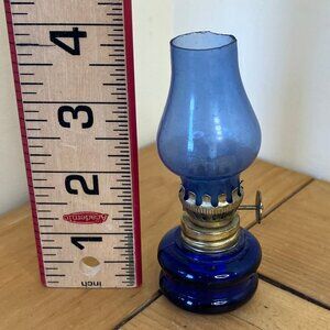 Vintage Miniature Cobalt Blue Glass Oil Lamp 4" Tall